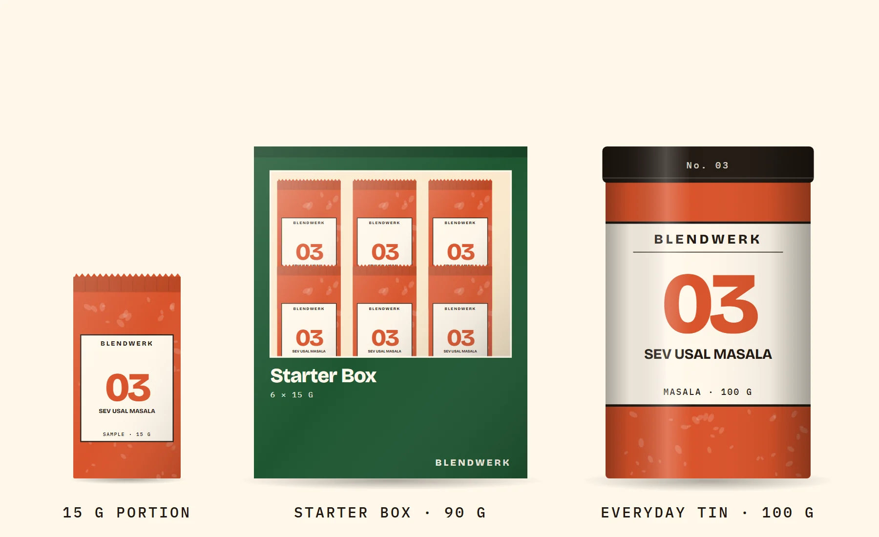 Illustrative render of No. 03 Sev Usal Masala in three formats: a 15 g portion, the Starter Box and the 100 g Everyday Tin