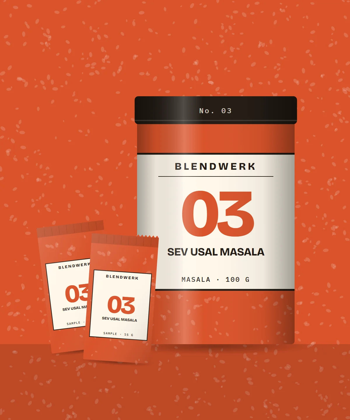 Illustrative render of Blendwerk No. 03 Sev Usal Masala: Everyday Tin and two 15 g sachets
