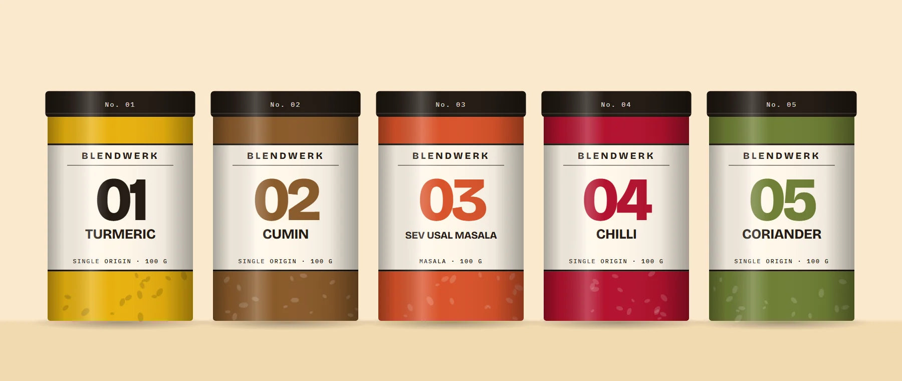 Illustrative render of five Blendwerk Everyday tins, numbered 01 to 05
